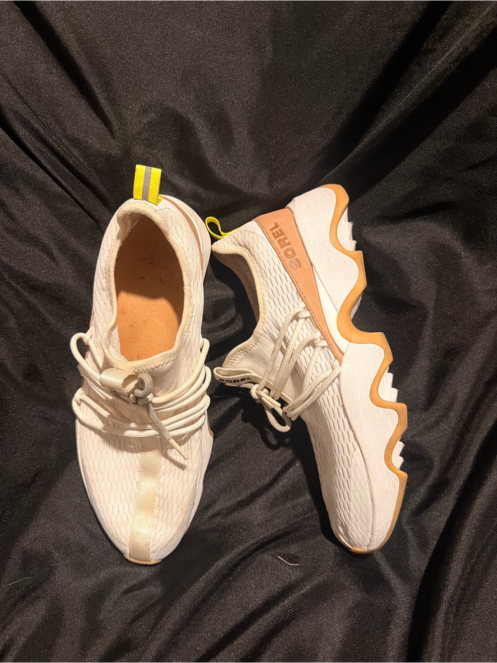 Sorel Women's White Athletic Sneakers with Tan and Yellow Accents